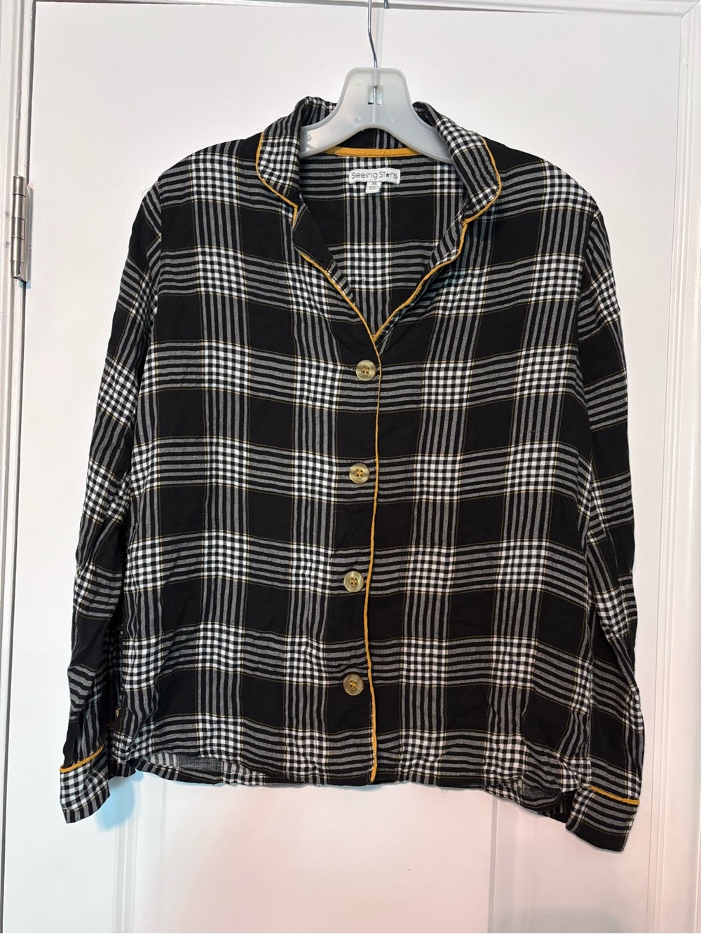 Seeing Stars Black & White Plaid Button-Up Top with Gold Trim 100% Rayon Size XS